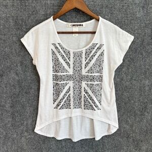 Wurl Womens White Union Jack Graphic High Low Scoop Neck T-Shirt Size Small